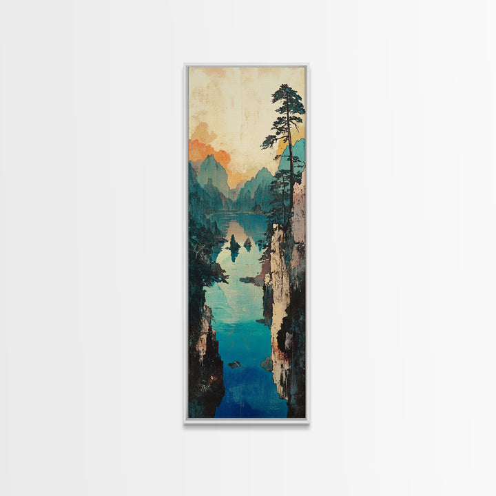 Turquoise Mountain Gorge Wall Art, Serene Lake Landscape Canvas Print, Japandi Nature Decor, Large Living Room Wall Art Print