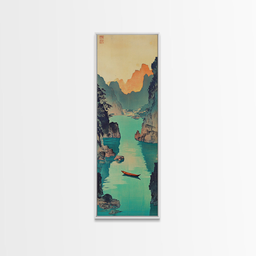 Red Boat Canyon Wall Art, Turquoise River Landscape Framed Canvas Print, Japanese Coastal Decor, Serene Nature Art For Living Room