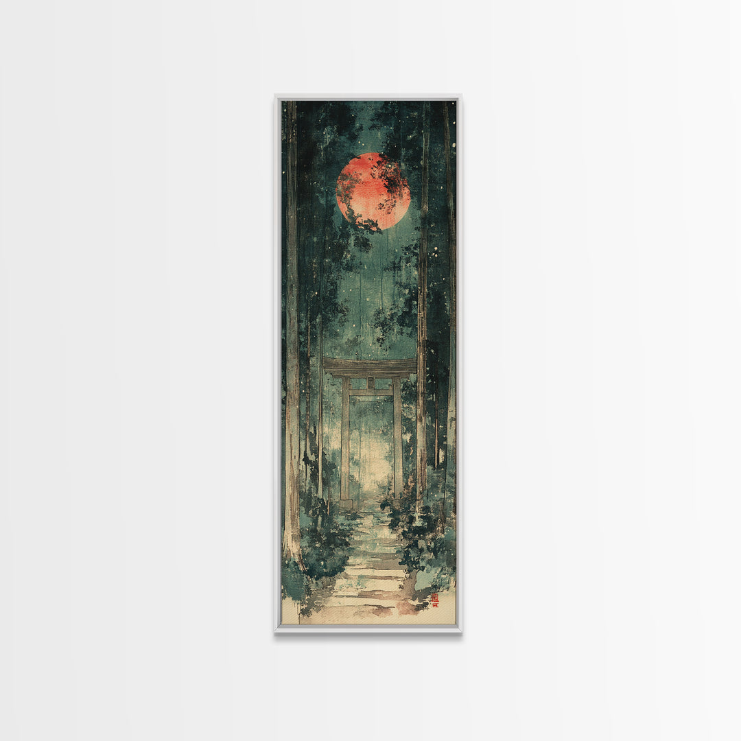 Red Moon Forest Shrine Wall Art, Mystical Torii Gate Canvas Print, Japanese Zen Decor, Dark Green Celestial Wall Art, Meditation Decor
