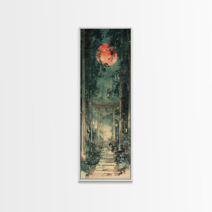 Red Moon Forest Shrine Wall Art, Mystical Torii Gate Canvas Print, Japanese Zen Decor, Dark Green Celestial Wall Art, Meditation Decor