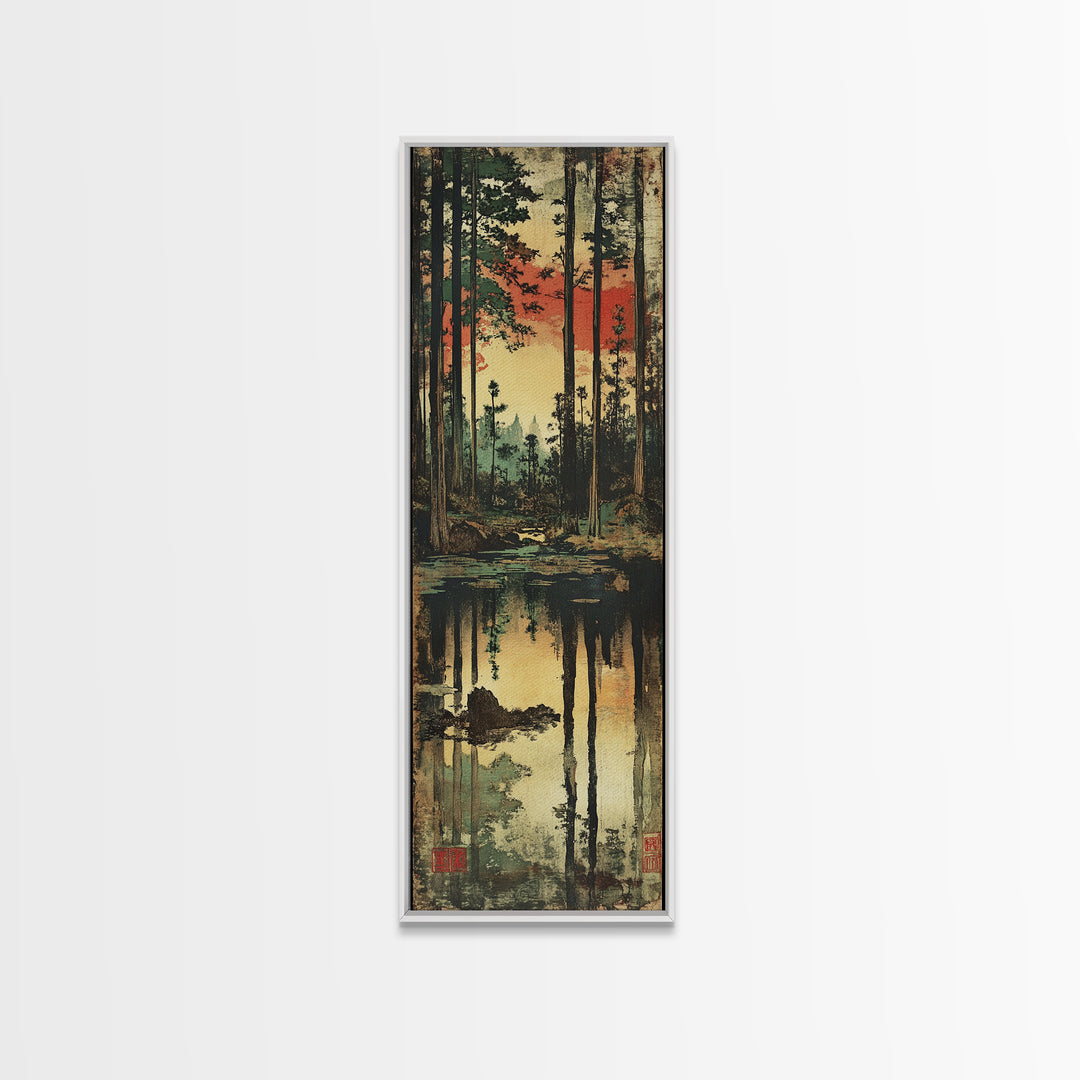 Sunset Pine Forest Wall Art, Reflective Woodland Stream Canvas Print, Rustic Cabin Decor, Moody Nature Landscape Art, Gift For Her