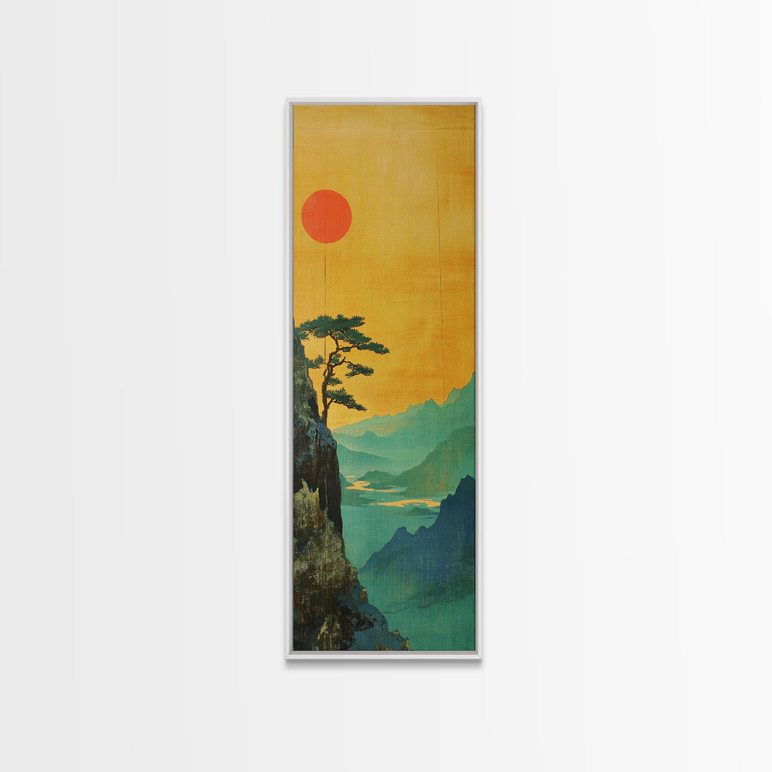 Orange Sun Cliff Pine Mountain Wall Art, Japanese Landscape Canvas Print, Japandi Home Decor, Long Narrow Wall Decor Gift