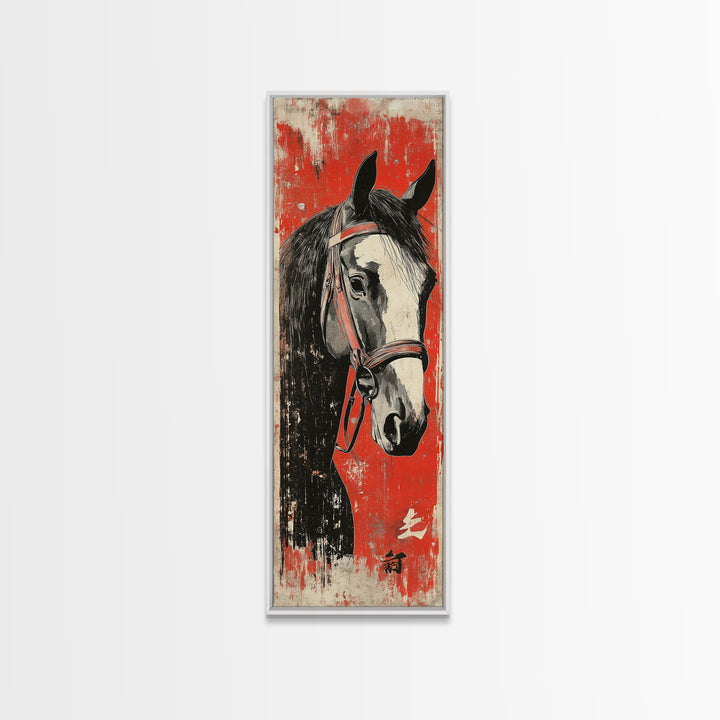 Black And White Horse Portrait Wall Art, Japanese Equestrian Canvas Print, Western Horse Decor, Long Narrow Wall Decor Gift