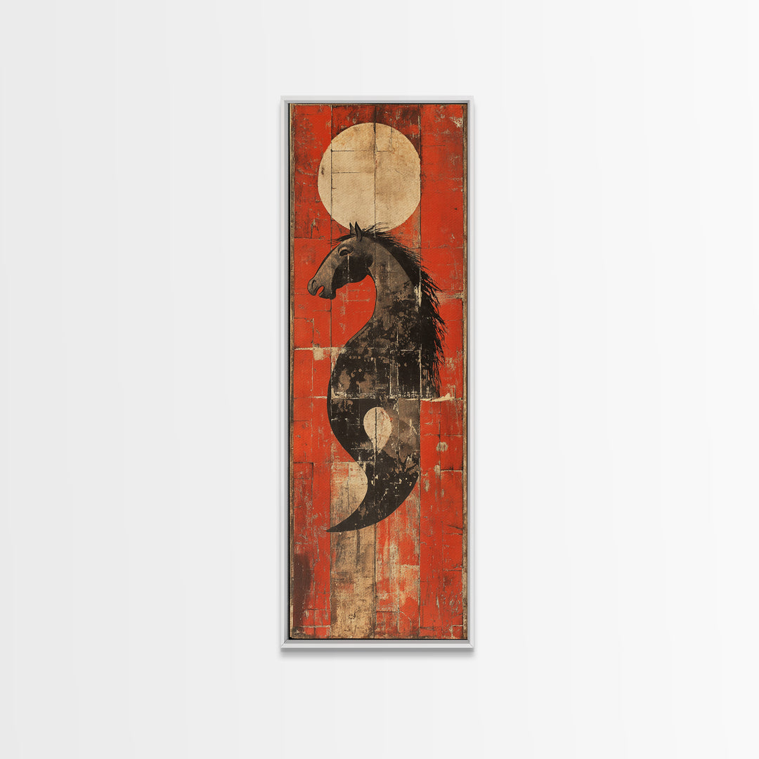 Black Horse Yin Yang Red Canvas Print, Japanese Equestrian Wall Art, Western Modern Decor, Long Narrow Wall Decor Gift For Him