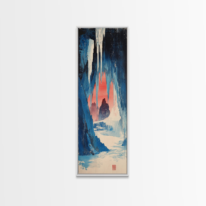 Blue Ice Cave Figure Canvas Print, Japanese Fantasy Wall Art, Moody Winter Landscape Decor, Long Narrow Wall Decor Gift For Her
