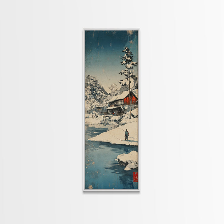 Snowy Japanese Cabin River Wall Art, Winter Landscape Canvas Print, Japandi Home Decor, Long Narrow Wall Decor Gift For Him