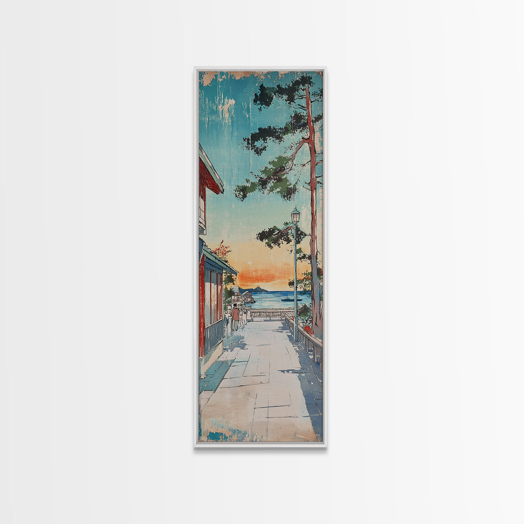 Japanese Seaside Village Sunset Wall Art, Coastal Landscape Canvas Print, Japandi Home Decor, Long Narrow Wall Decor Gift
