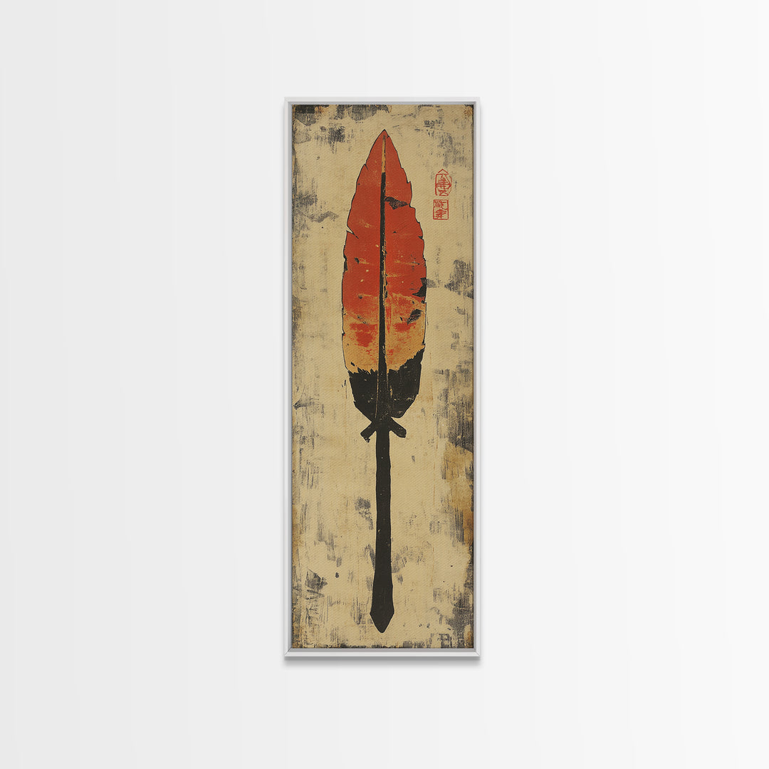 Red Feather Arrow Wall Art, Rustic Tribal Canvas Print, Southwestern Boho Decor, Indigenous Inspired Living Room Decor Gift