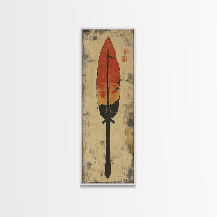 Red Feather Arrow Wall Art, Rustic Tribal Canvas Print, Southwestern Boho Decor, Indigenous Inspired Living Room Decor Gift