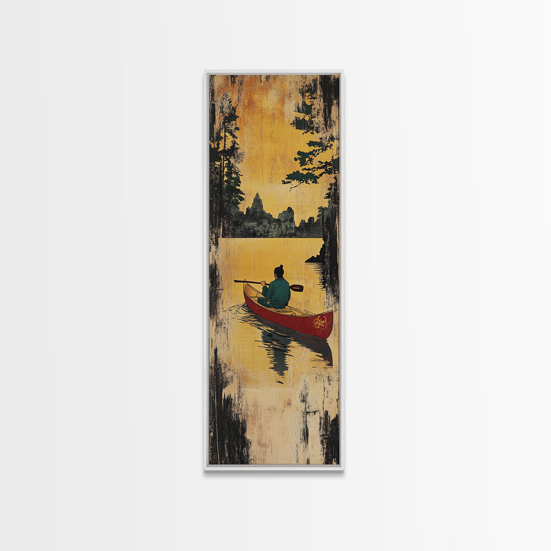 Golden Sunset Canoe Lake Wall Art, Rustic Cabin Canvas Print, Forest Landscape Decor, Peaceful Nature Art For Living Room