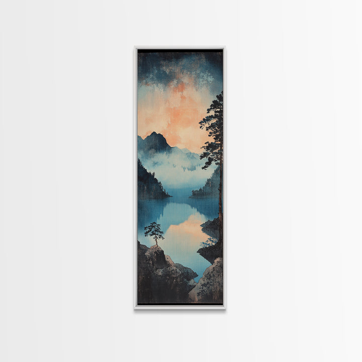 Misty Blue Mountain Lake Wall Art, Japanese Landscape Print, Serene Nature Decor, Long Narrow Canvas For Living Room Wall Decor