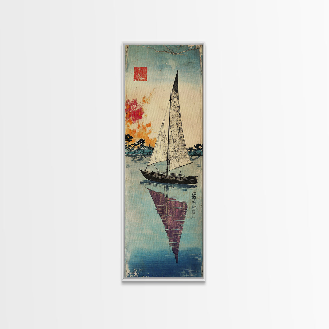 White Sailboat Reflected On Calm Blue Water Wall Art, Japanese Coastal Print, Nautical Decor, Long Narrow Living Room Art