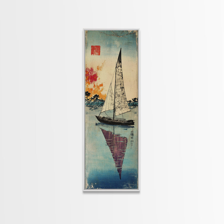 White Sailboat Reflected On Calm Blue Water Wall Art, Japanese Coastal Print, Nautical Decor, Long Narrow Living Room Art