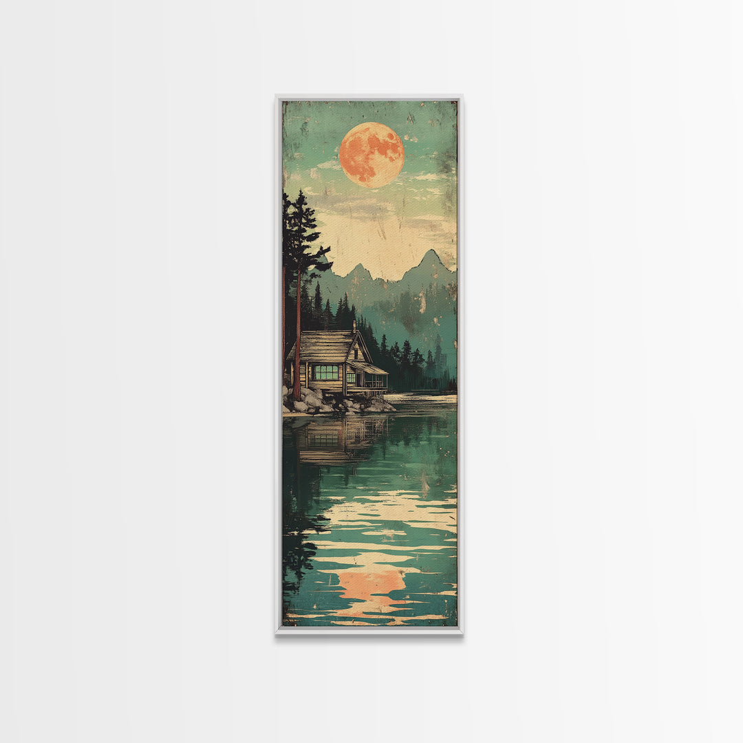 Full Moon Cabin Beside Green Lake Wall Art, Japanese Landscape Print, Cozy Rustic Decor, Long Narrow Mountain Lake Canvas Art