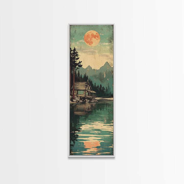 Full Moon Cabin Beside Green Lake Wall Art, Japanese Landscape Print, Cozy Rustic Decor, Long Narrow Mountain Lake Canvas Art