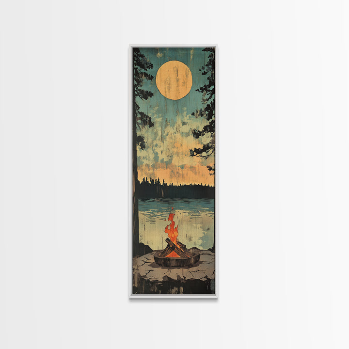 Moonlit Campfire By Quiet Lake Wall Art, Rustic Cabin Decor, Nature Landscape Print, Cozy Lodge Gift, Vertical Canvas Print, Home Decor