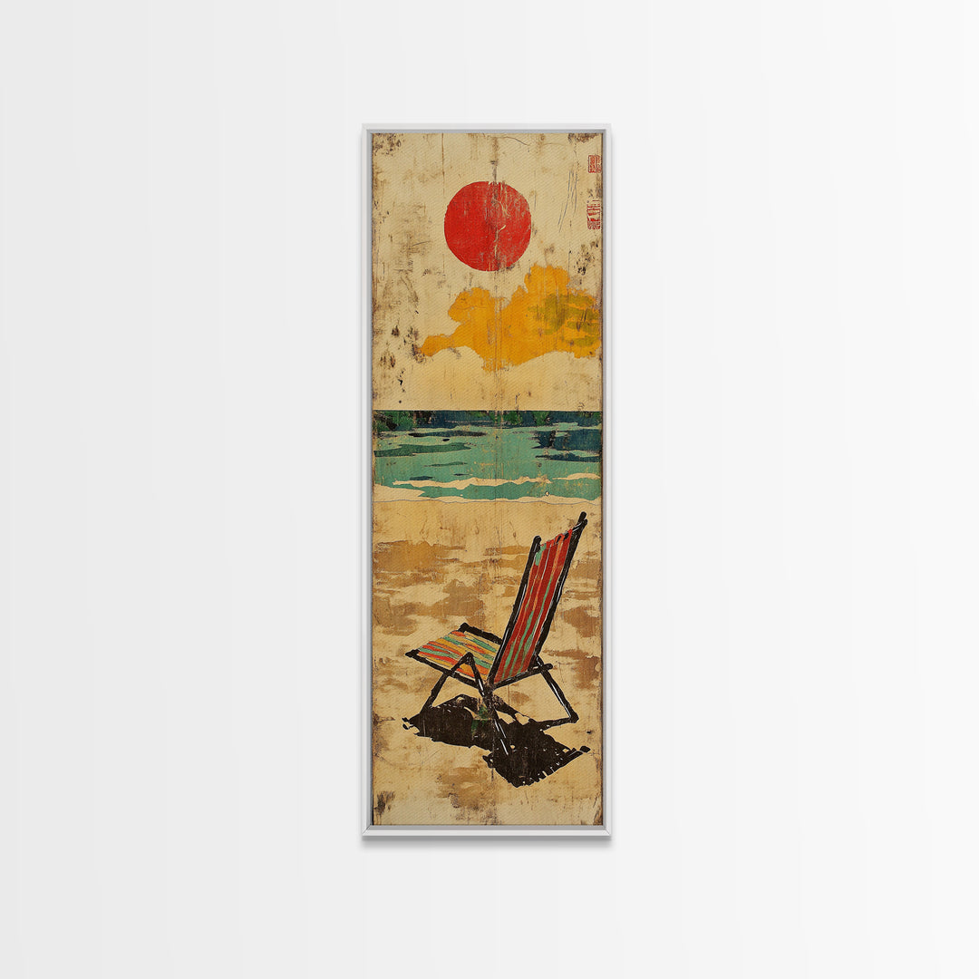 Striped Beach Chair Under Red Sun Canvas Print, Coastal Wall Art, Beach House Decor, Summer Ocean Print, Gift For Her, Home Decor