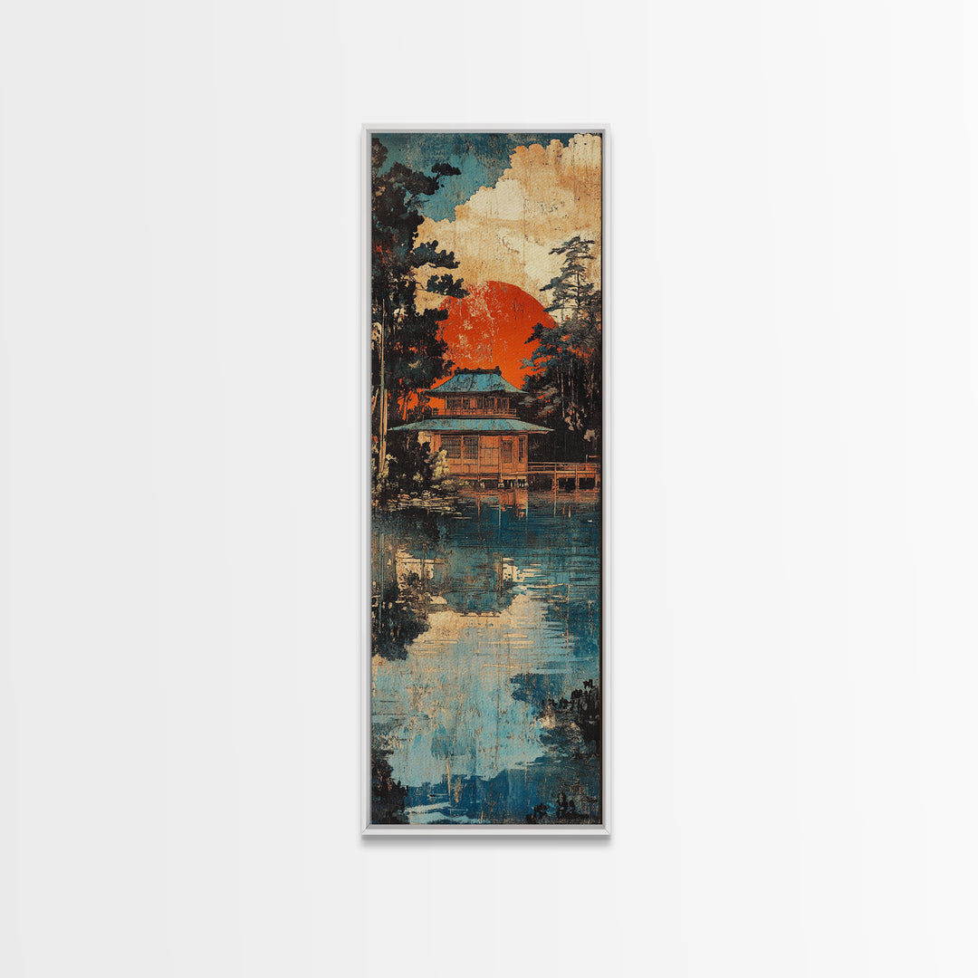 Japanese Lakeside Temple At Sunset Framed Canvas Print, Japandi Wall Art, Asian Landscape, Zen Home Decor, Housewarming Gift
