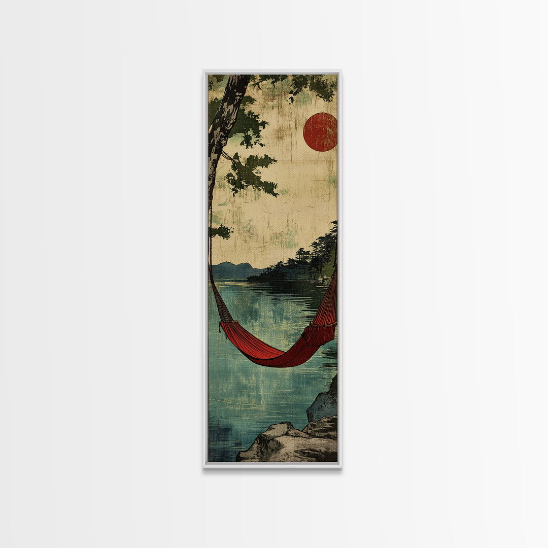 Red Hammock Over Serene Lake Wall Art, Japandi Landscape Print, Rustic Cabin Decor, Nature Wall Decor, Calming Home Decor Gift