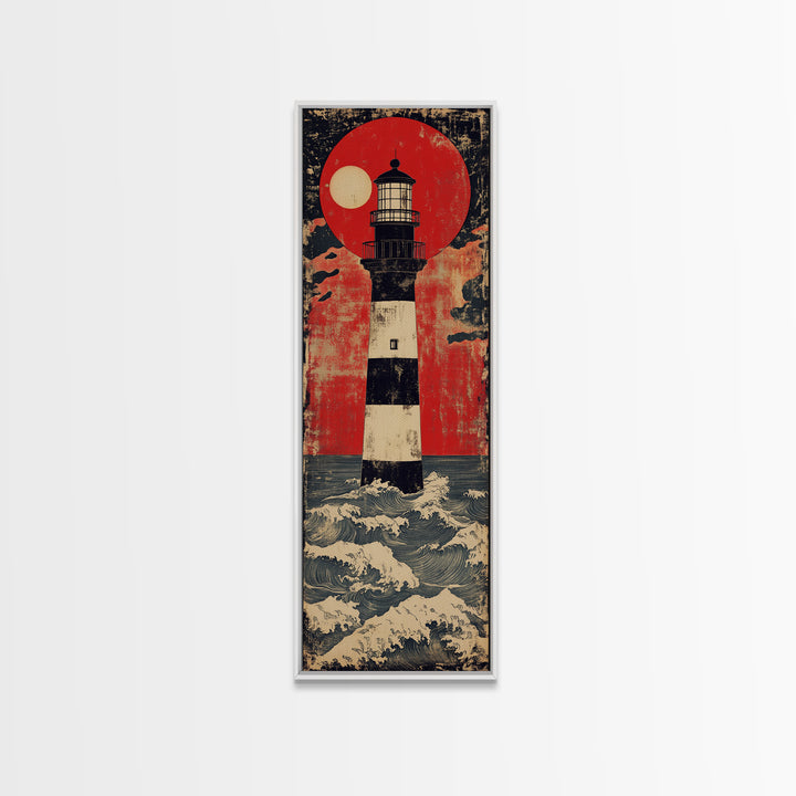 Striped Lighthouse Beneath Red Sun Wall Art, Nautical Canvas Print, Ocean Wall Decor, Coastal Home Decor, Statement Gift