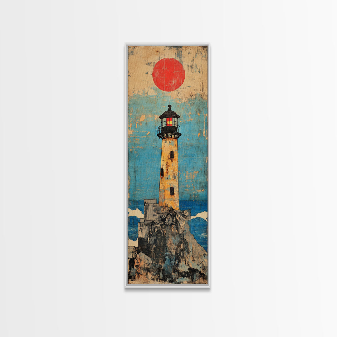 Rocky Island Lighthouse With Red Sun Canvas Print, Coastal Wall Art, Nautical Decor, Ocean Landscape, Large Wall Decor Gift