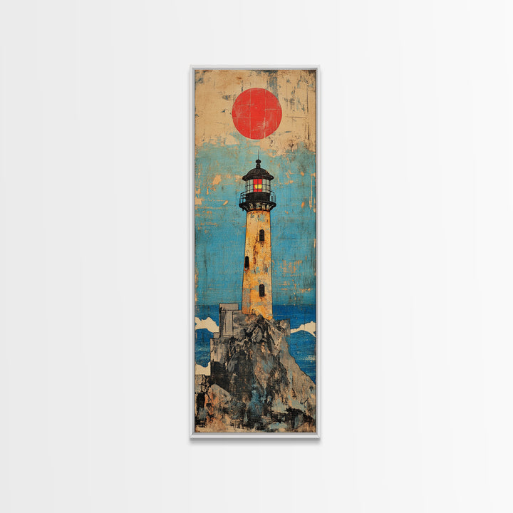 Rocky Island Lighthouse With Red Sun Canvas Print, Coastal Wall Art, Nautical Decor, Ocean Landscape, Large Wall Decor Gift