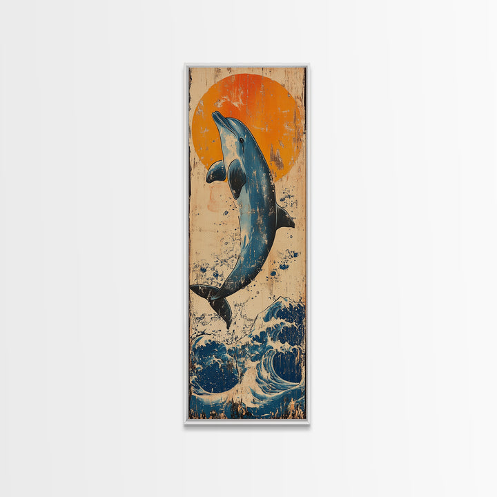 Jumping Dolphin Ocean Wall Art, Japanese Wave Canvas Print, Coastal Beach Decor, Orange Sun Nautical Art Print, Gift For Her