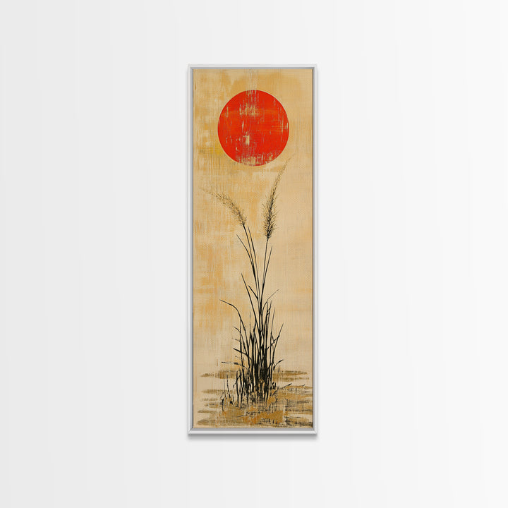 Red Sun Grass Minimalist Wall Art, Japanese Landscape Canvas Print, Wabi Sabi Decor, Neutral Wall Decor, Zen Home Decor Print