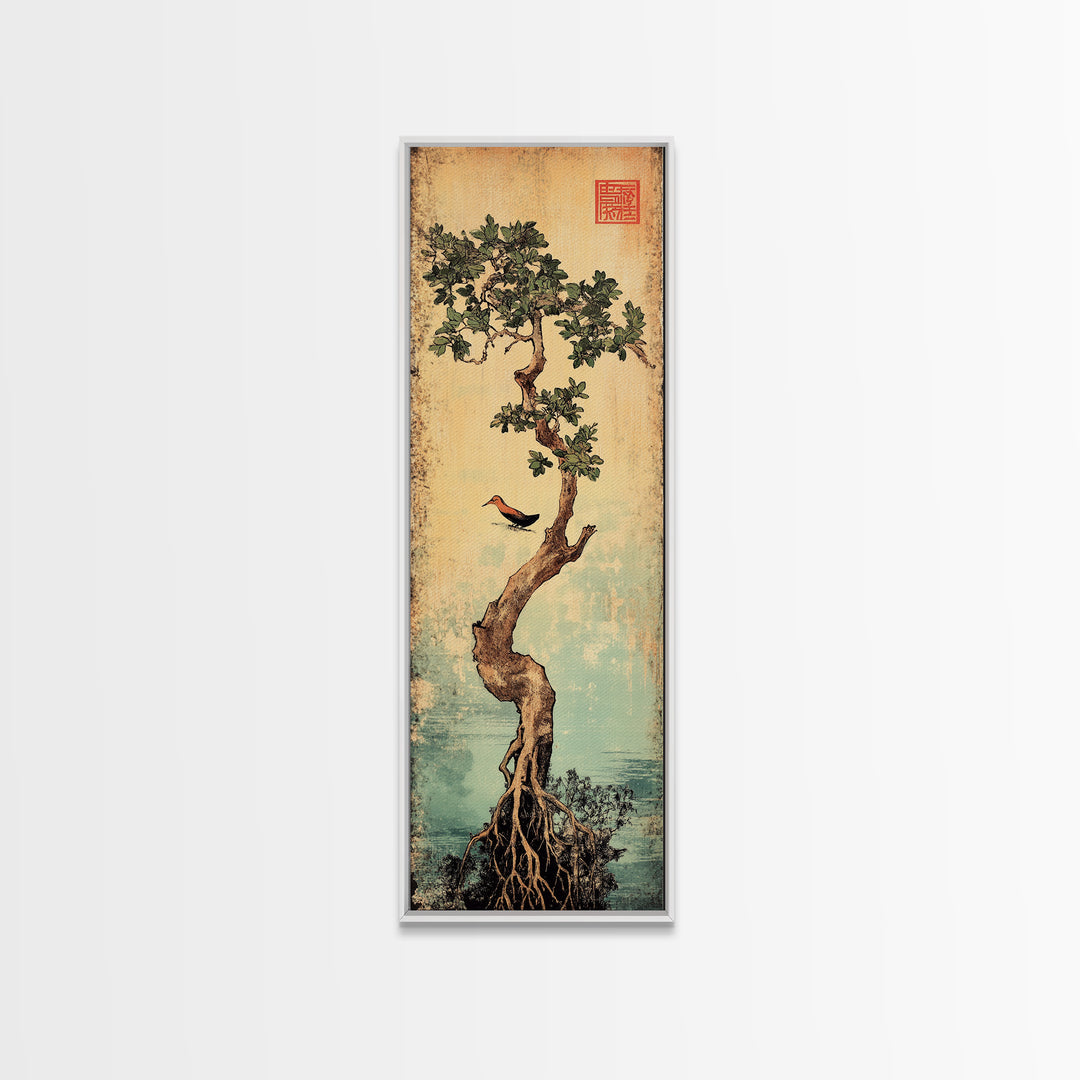 Bonsai Tree With Exposed Roots Wall Art, Japanese Botanical Canvas Print, Zen Nature Decor, Bird Wall Art, Wabi Sabi Decor