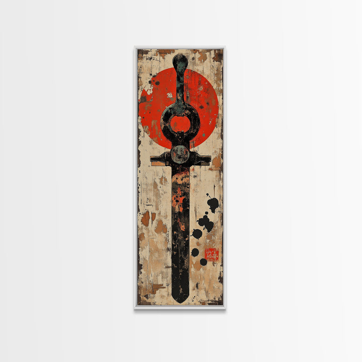 Rustic Samurai Sword With Red Sun Canvas Print, Japanese Wall Art, Martial Arts Decor, Masculine Office Wall Decor, Gift For Him