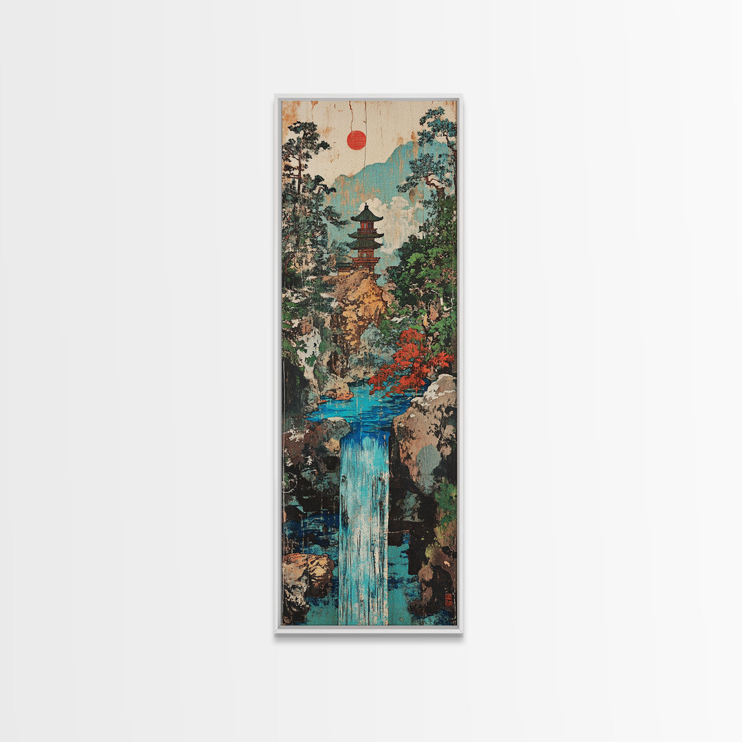 Pagoda Waterfall In Misty Mountain Forest Framed Canvas Print, Japanese Wall Art, Zen Decor, Japandi Landscape, Living Room Art