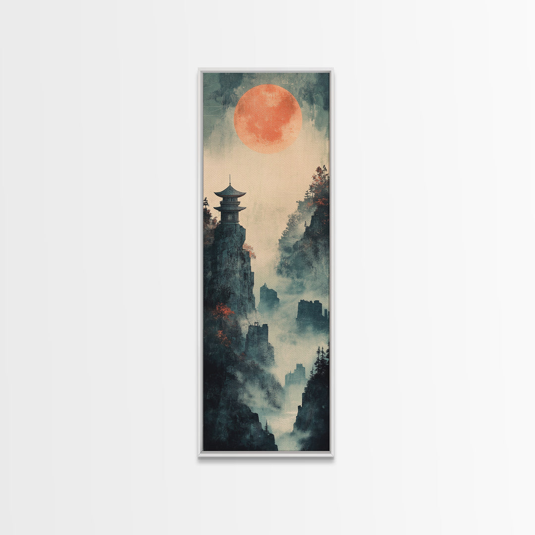 Misty Pagoda Cliffs Under Coral Moon Framed Canvas Print, Japanese Wall Art, Zen Landscape Decor, Moody Wall Decor, Gift For Her