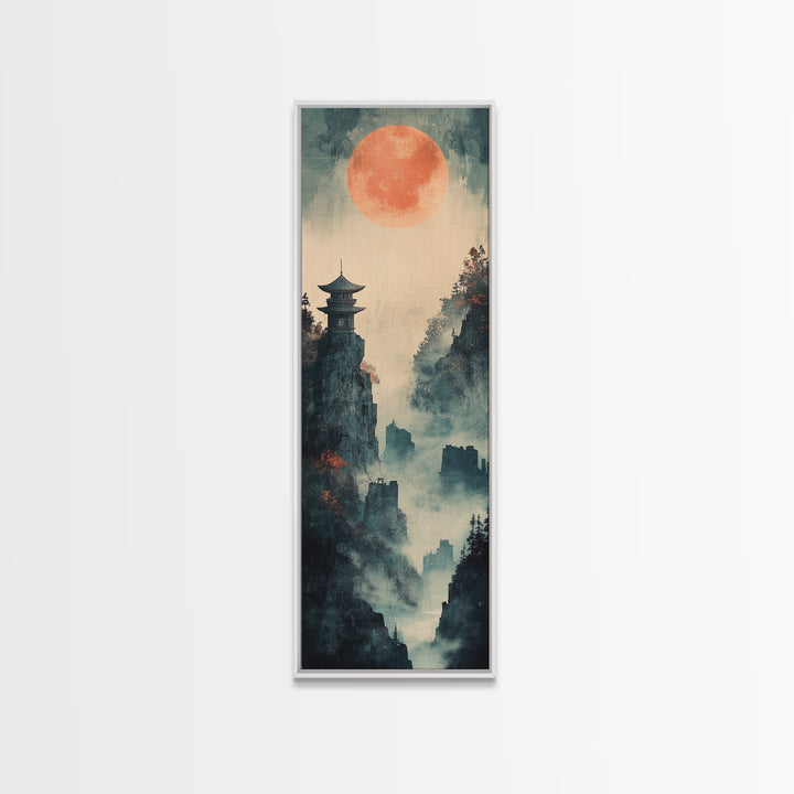 Misty Pagoda Cliffs Under Coral Moon Framed Canvas Print, Japanese Wall Art, Zen Landscape Decor, Moody Wall Decor, Gift For Her