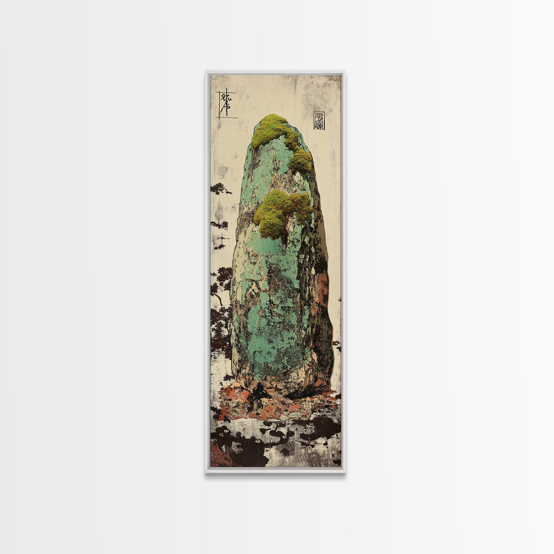 Mossy Zen Stone Monolith Wall Art, Japanese Wabi Sabi Landscape Print, Tall Narrow Canvas For Meditation Room Decor Gift