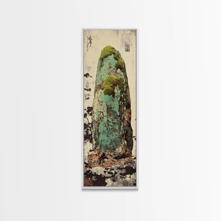 Mossy Zen Stone Monolith Wall Art, Japanese Wabi Sabi Landscape Print, Tall Narrow Canvas For Meditation Room Decor Gift