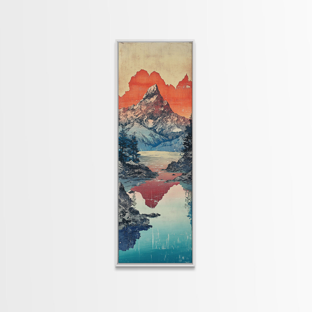 Snowy Mountain Lake Reflection Wall Art, Japanese Woodblock Landscape Print, Blue Teal Canvas For Cabin Living Room Decor