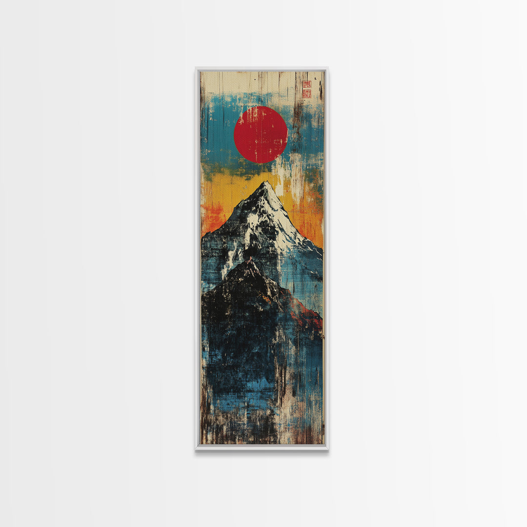 Red Sun Snowy Fuji Mountain Wall Art, Japanese Woodblock Landscape Print, Blue Abstract Canvas For Modern Japandi Decor Gift