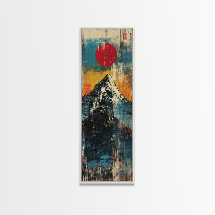 Red Sun Snowy Fuji Mountain Wall Art, Japanese Woodblock Landscape Print, Blue Abstract Canvas For Modern Japandi Decor Gift