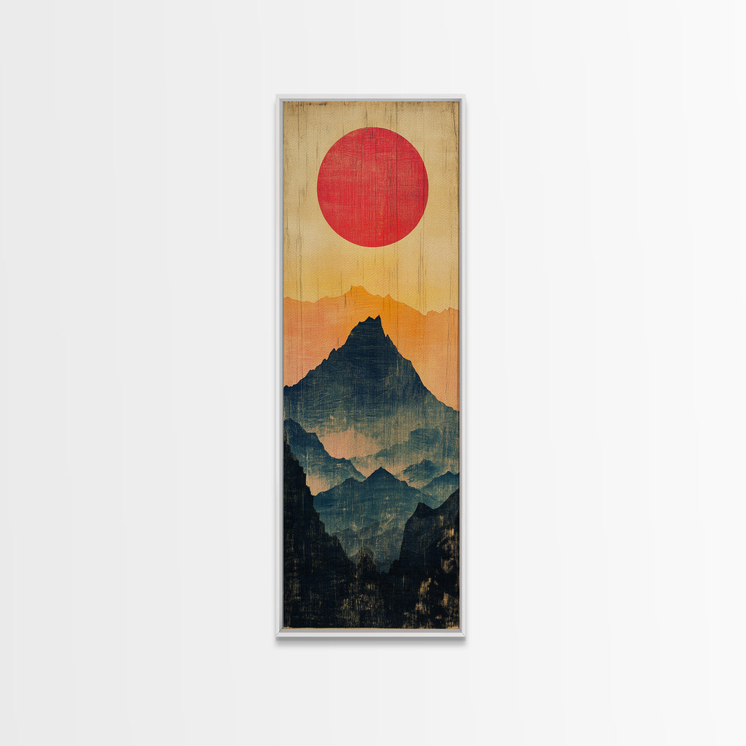 Red Sun Layered Mountain Silhouette Wall Art, Minimalist Japanese Landscape Print, Tall Narrow Canvas For Zen Home Decor