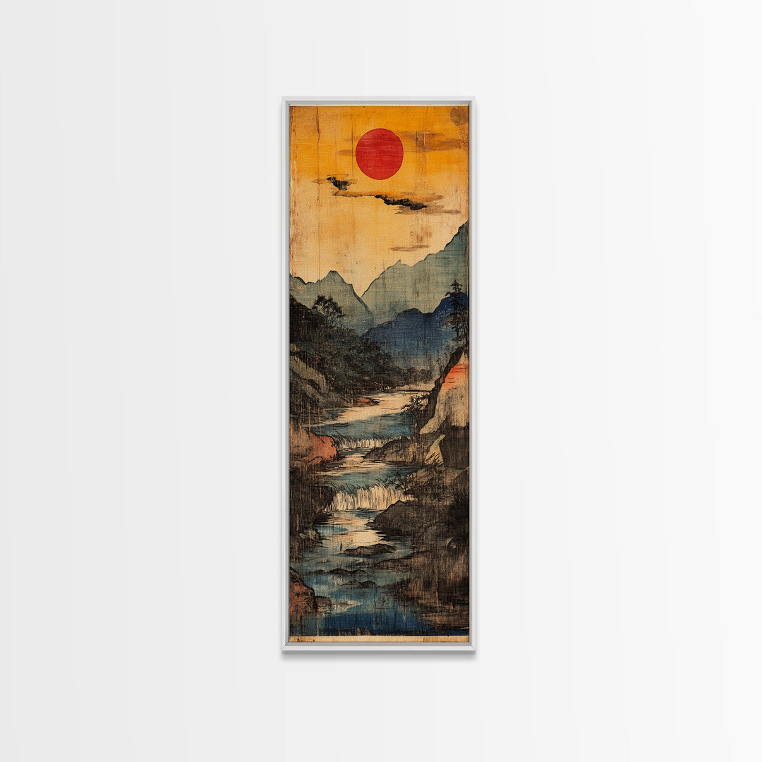 Red Sun Mountain River Wall Art, Japanese Waterfall Landscape Print For Japandi Home Decor And Serene Office Decor Poster