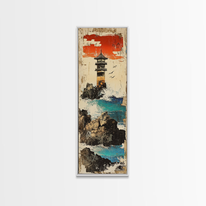 Cliffside Lighthouse Turquoise Sea Wall Art, Japanese Coastal Landscape Print For Beach House Decor And Nautical Office Decor