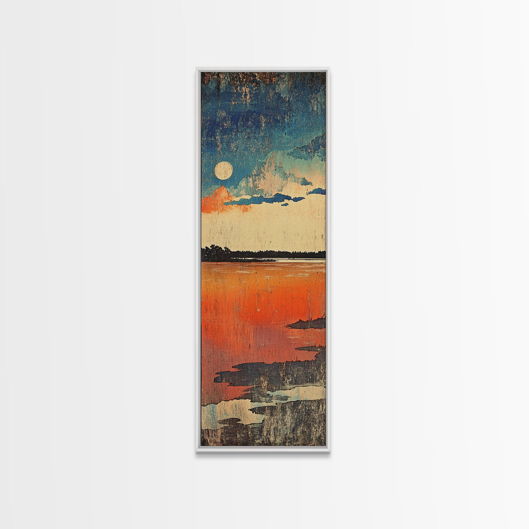 Full Moon Over Orange Lake Wall Art, Moody Abstract Landscape Canvas Print, Minimalist Nature Decor For Bedroom Living Room