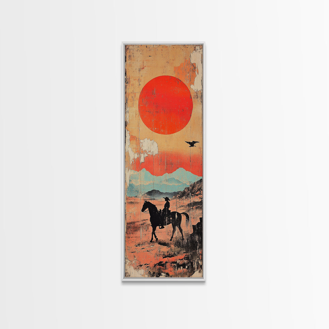 Horse Rider Under Red Sun Wall Art, Western Desert Landscape Canvas Print, Japanese Inspired Southwestern Living Room Home Decor
