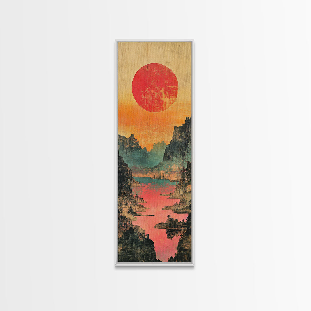 Red Sun Mountain River Valley Wall Art, Japanese Inspired Landscape Canvas Print, Teal Coral Nature Decor For Living Room