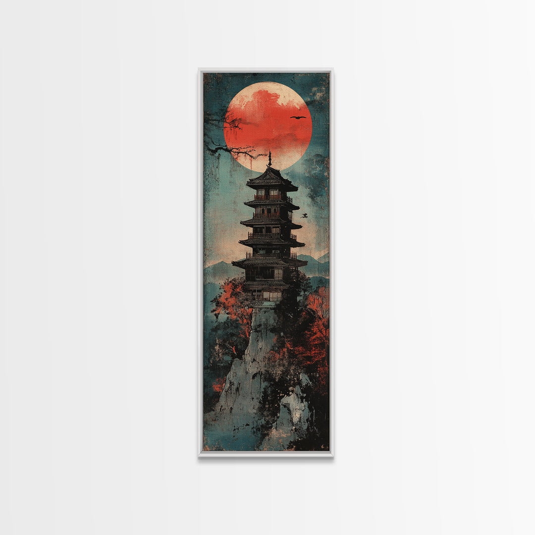 Red Sun Pagoda On Misty Mountain Wall Art, Japanese Landscape Canvas Print, Japandi Zen Decor, Asian Home Decor Gift For Living Room