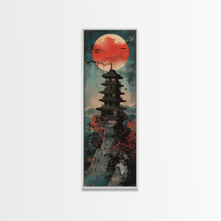 Red Sun Pagoda On Misty Mountain Wall Art, Japanese Landscape Canvas Print, Japandi Zen Decor, Asian Home Decor Gift For Living Room