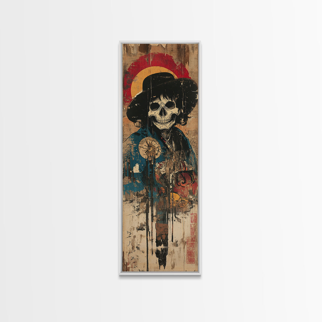 Skeleton Samurai With Red Halo Wall Art, Japanese Gothic Canvas Print, Dark Academia Decor, Macabre Warrior Gift For Him