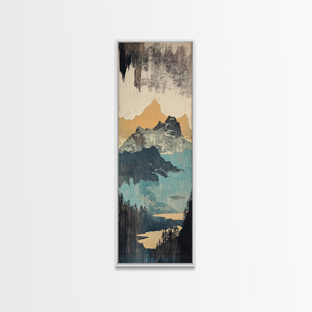 Misty Mountain Lake And Pines Wall Art, Japanese Landscape Canvas Print, Neutral Nature Decor, Large Vertical Art For Cabin
