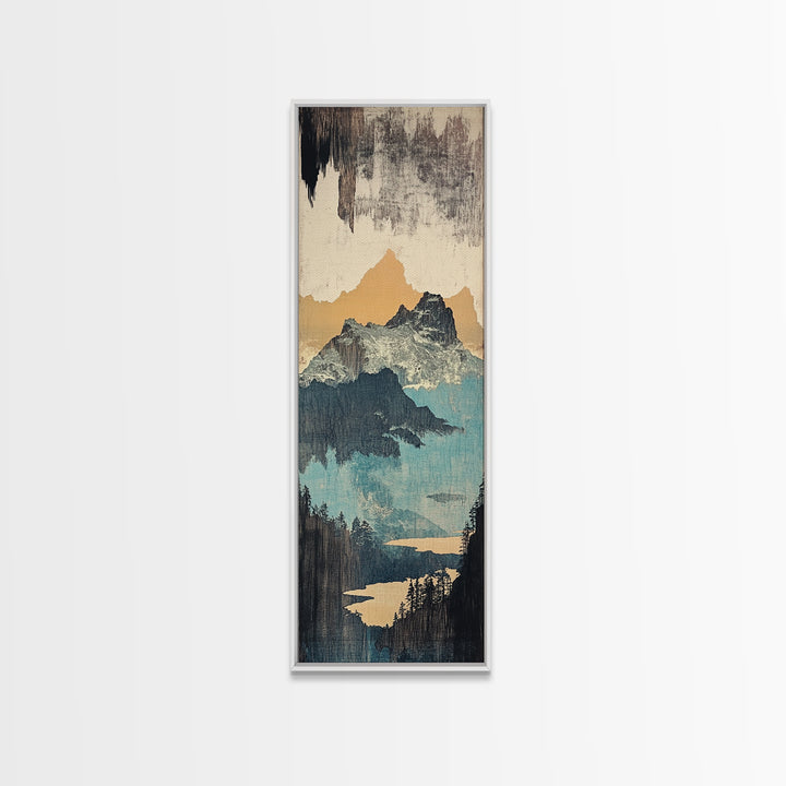 Misty Mountain Lake And Pines Wall Art, Japanese Landscape Canvas Print, Neutral Nature Decor, Large Vertical Art For Cabin