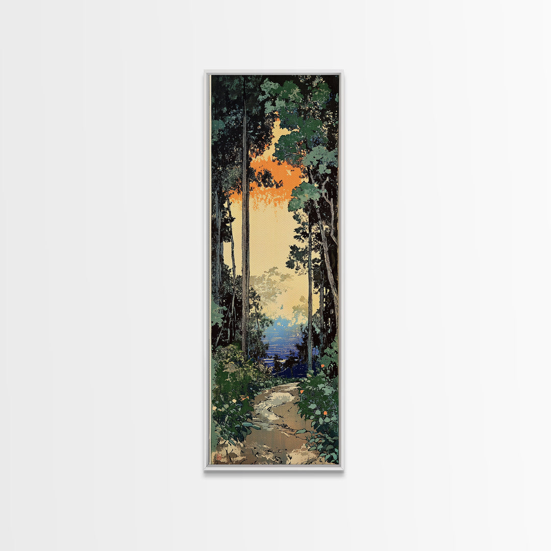 Sunlit Forest Path To Blue Water Wall Art, Japanese Nature Canvas Print, Green Woodland Decor, Calming Landscape Gift Idea